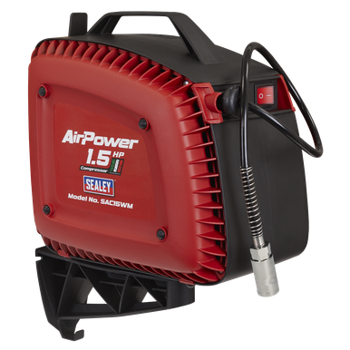 Sealey Wall Mounting Oil Free Air Compressor 1.5hp with 7m Retractable Hose Reel