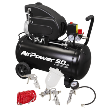 Sealey 50L Direct Drive Air Compressor 2hp with 4pc Air Accessory Kit