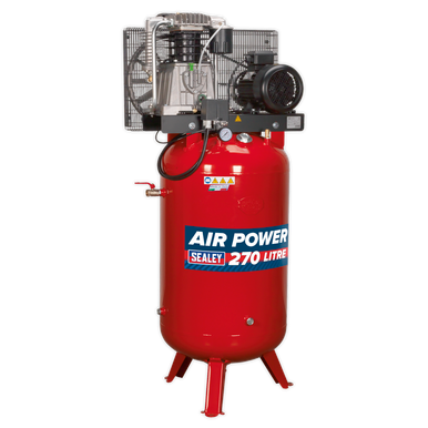 Sealey 270L Vertical Belt Drive Air Compressor with Cast Cylinders 7.5hp 2-Stage