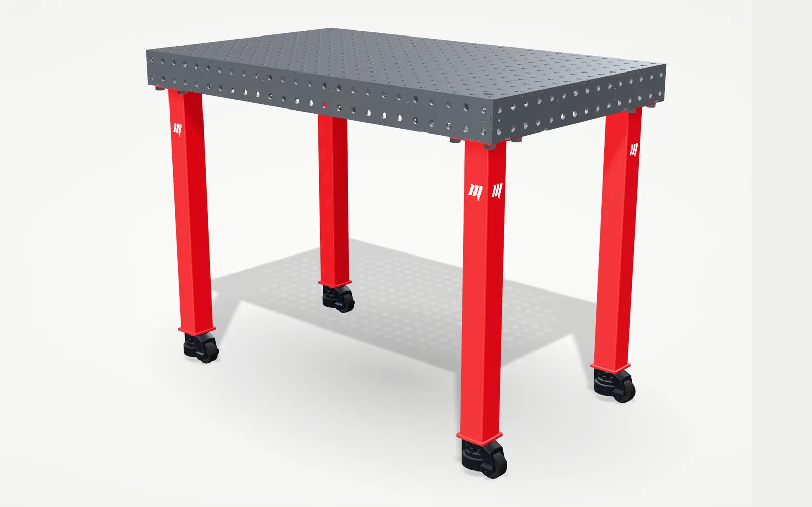 A finished self-build MidiPRO 1250 × 750 welding table on its four castors