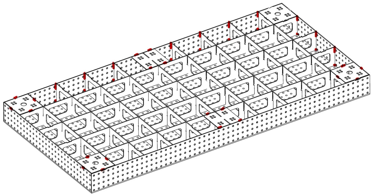 Weld positions on the frame, shown in red